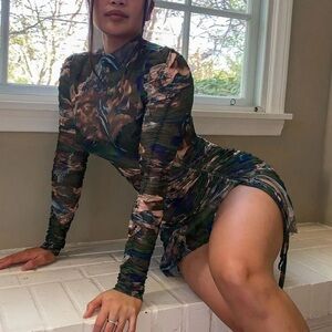 Angelic Moments Ruched Mini Dress - Green/combo